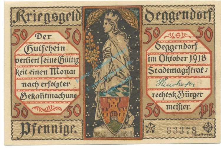 Deggendorf , Notgeld 50 Pfennig Schein unc-kfr. Tieste 1315.25.11 BAY 1918 Verkehrsausgabe -4084-