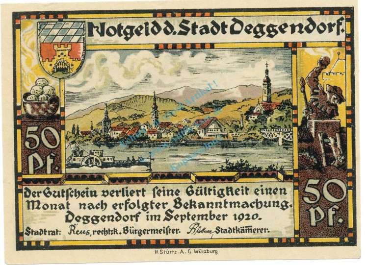 Deggendorf , Notgeld 50 Pfennig Schein unc-kfr. Tieste 1315.25.21 BAY 1920 Verkehrsausgabe -4080-