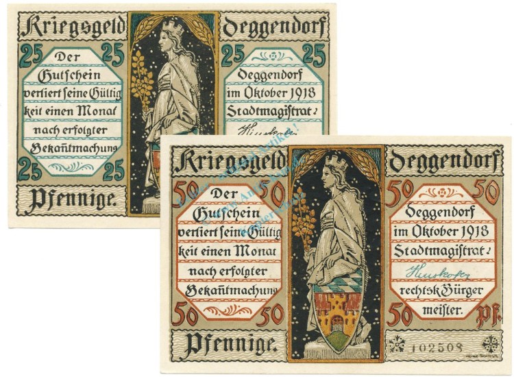 Deggendorf , Notgeld Set 2 Scheine unc-kfr. Tieste 1315.25.15-16 BAY 1918 Verkehrsausgabe -0472-
