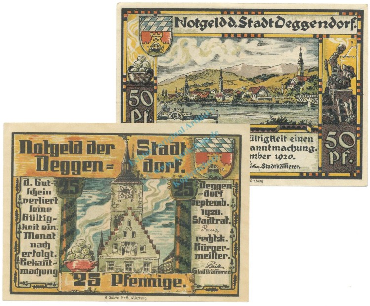 Deggendorf , Notgeld Set 2 Scheine unc-kfr. Tieste 1315.25.20-21 BAY 1920 Verkehrsausgabe -0470-
