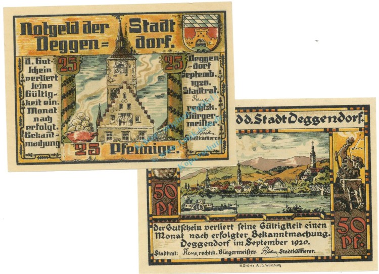 Deggendorf , Notgeld Set 2 Scheine unc-kfr. Tieste 1315.25.25-26 BAY 1920 Verkehrsausgabe -0471-