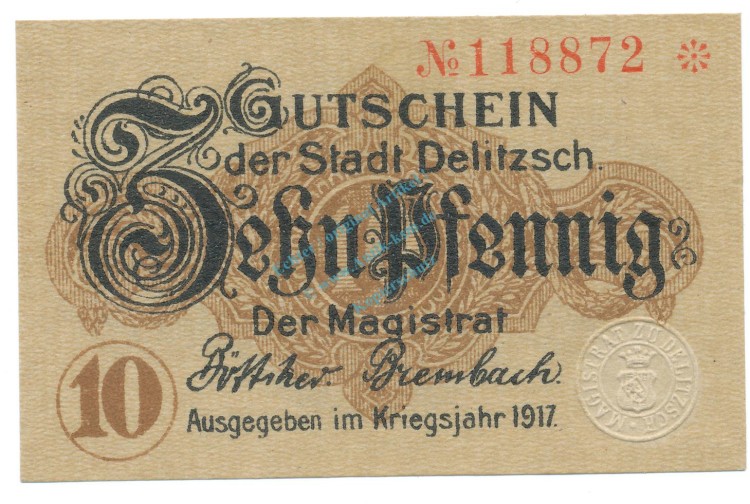 Delitzsch , Notgeld 10 Pfennig Schein unc-kfr. Tieste 1325.15.06 , S 1917 Verkehrsausgabe -4065-