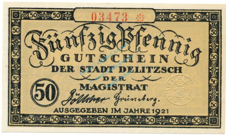 Delitzsch , Notgeld 50 Pfennig Schein unc-kfr. Tieste 1325.15.36 , S 1921 Verkehrsausgabe -4063-