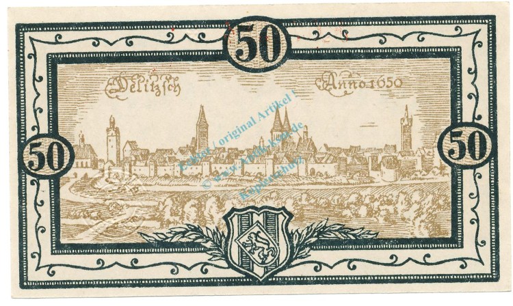 Delitzsch , Notgeld 50 Pfennig Schein unc-kfr. Tieste 1325.15.36 , S 1921 Verkehrsausgabe -4063-