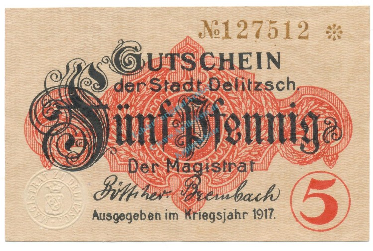 Delitzsch , Notgeld 5 Pfennig Schein unc-kfr. Tieste 1325.15.15 , S 1917 Verkehrsausgabe -4064-