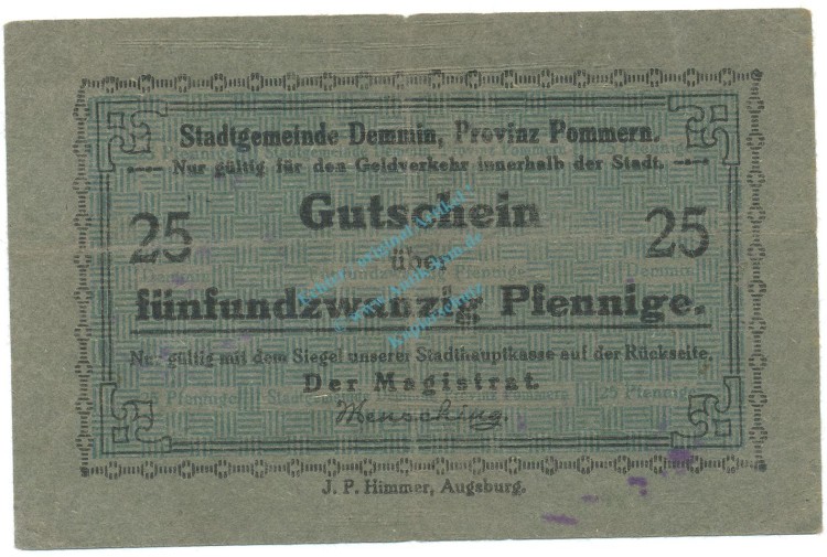 Demmin , Notgeld 25 Pfennig Schein gbr. Tieste 1335.10.10 , POM o.D. Verkehrsausgabe -4129-