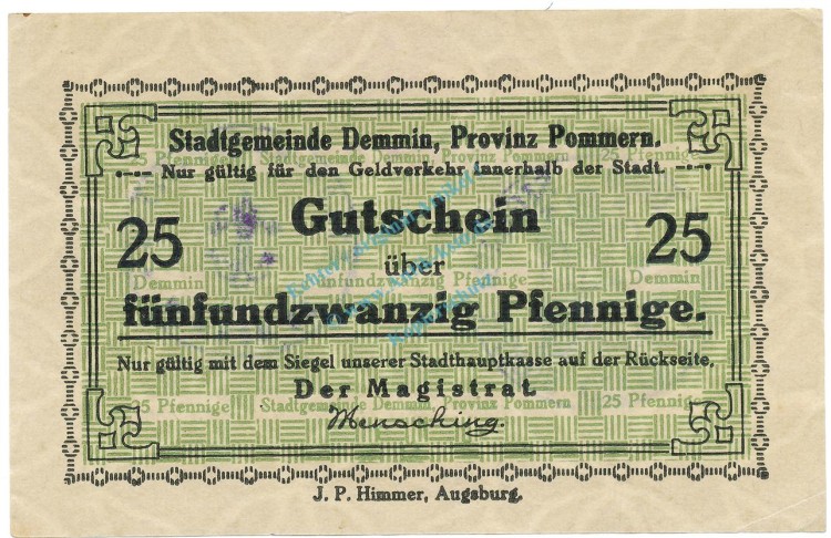 Demmin , Notgeld 25 Pfennig Schein unc-kfr. Tieste 1335.10.50 , POM o.D. Verkehrsausgabe -4128-
