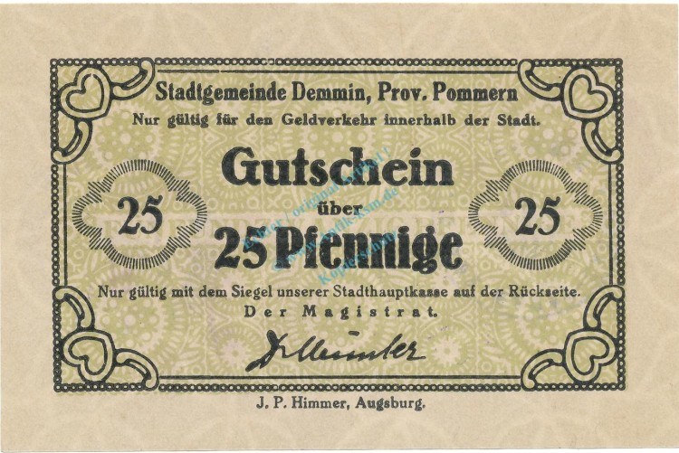 Demmin , Notgeld 25 Pfennig Schein unc-kfr. Tieste 1335.10.55 , POM 1920 Verkehrsausgabe -4126-