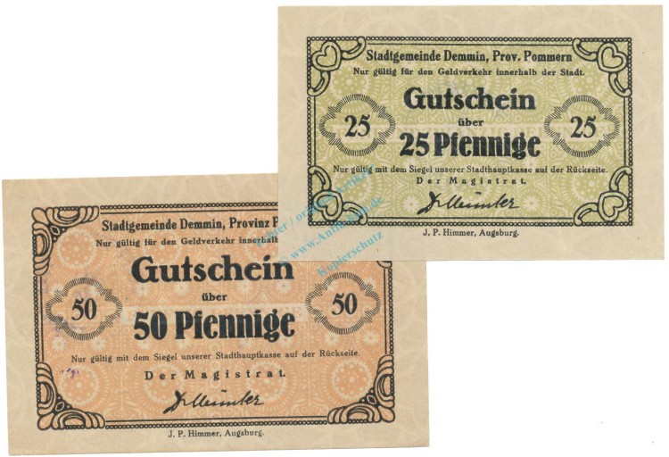 Demmin , Notgeld Set 2 Scheine unc-kfr. Tieste 1335.10.55-56 , POM 1920 Verkehrsausgabe -4127-