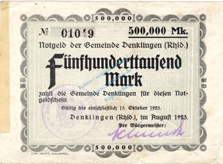 Denklingen , Banknote 500.000 Mark gbr. Keller 980.a , Rheinland 1923 Inflation