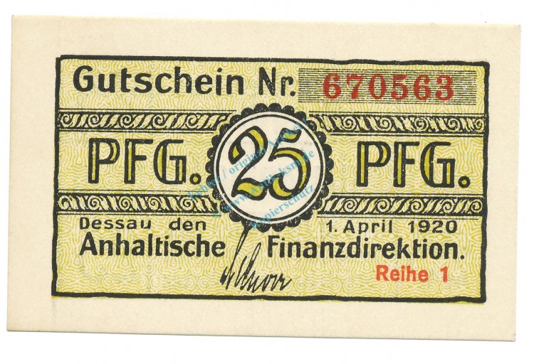 Dessau , Notgeld 25 Pfennig Schein unc-kfr. Tieste 1340.05.10 SA 1920 Verkehrsausgabe -4089-