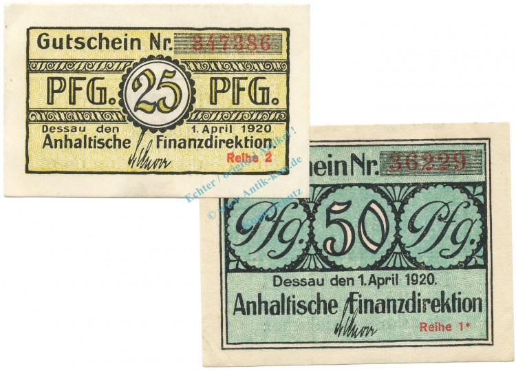 Dessau , Notgeld Set 2 Scheine unc-kfr. Tieste 1340.05.10-11 SA 1920 Verkehrsausgabe -0835-