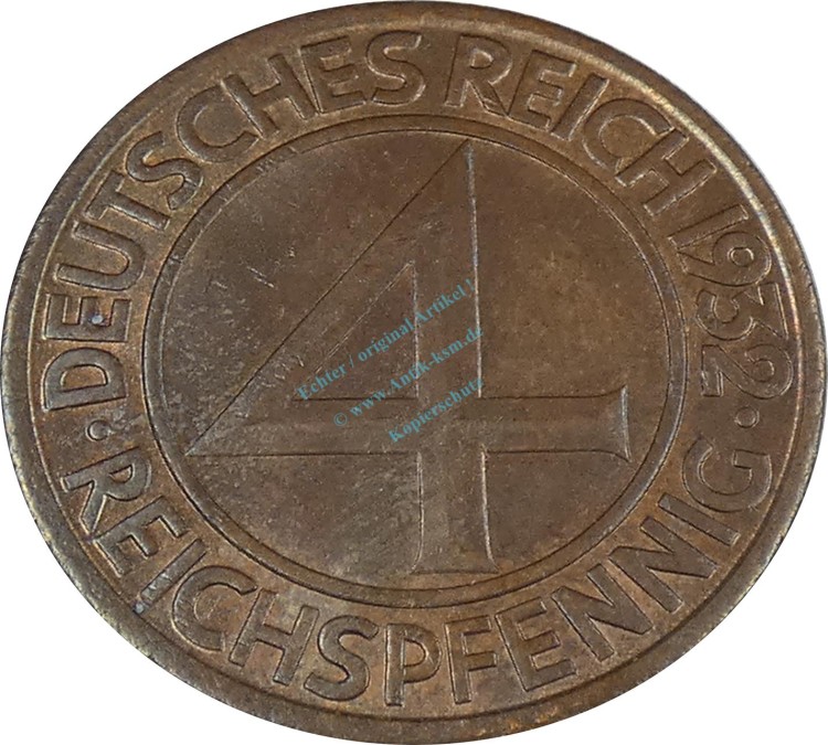 Deutsches Reich , 4 Pfennig Kursmünze 1932 A --Brüning-Pfennig-- ss-vz -0633-