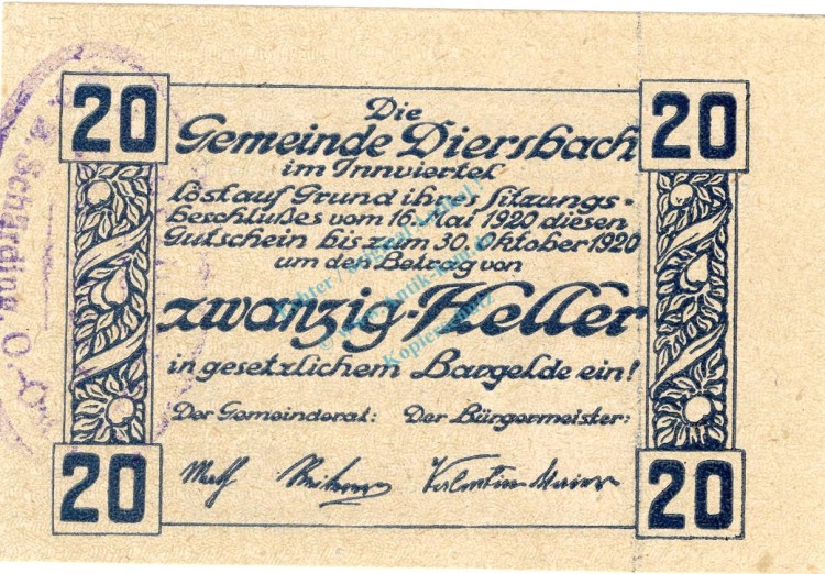 Diersbach , Notgeld 20 Heller -Gem.Stpl- in kfr. K-K 122.d , Notgeld 1920 Oberösterreich