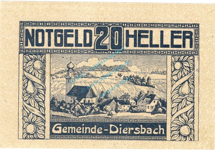 Diersbach , Notgeld 20 Heller -Gem.Stpl- in kfr. K-K 122.d , Notgeld 1920 Oberösterreich