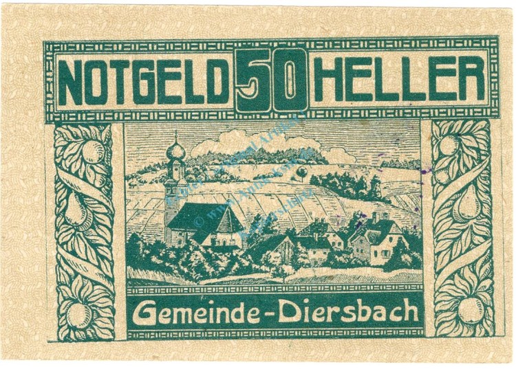 Diersbach , Notgeld 50 Heller -Gem.Stpl- in kfr. K-K 122.d , Notgeld 1920 Oberösterreich