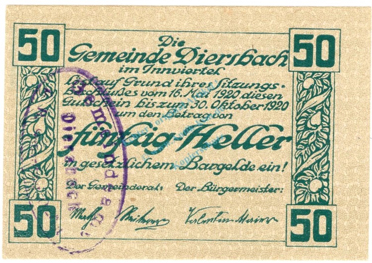 Diersbach , Notgeld 50 Heller -Gem.Stpl- in kfr. K-K 122.d , Notgeld 1920 Oberösterreich
