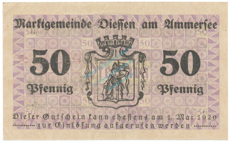 Diessen , Notgeld 50 Pfennig Schein unc-kfr. Tieste 1370.10.01 , BAY 1919 Verkehrsausgabe -4149-