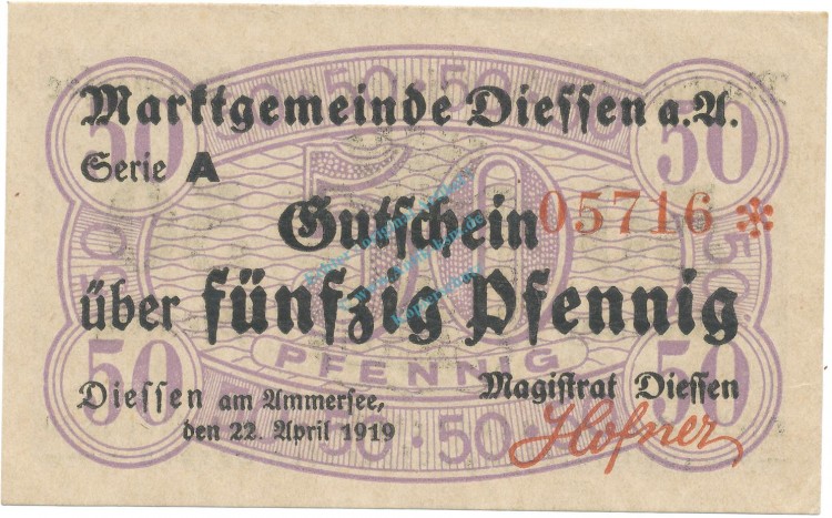 Diessen , Notgeld 50 Pfennig Schein unc-kfr. Tieste 1370.10.01 , BAY 1919 Verkehrsausgabe -4149-
