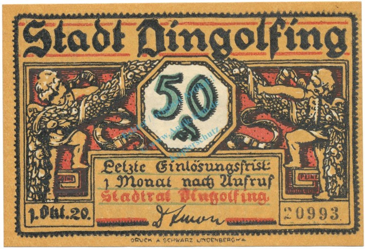 Dingolfing , Notgeld 50 Pfennig Schein unc-kfr. Tieste 1385.05.15 BAY 1920 Verkehrsausgabe -0405-