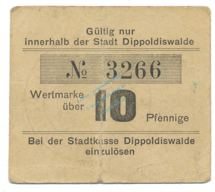 Dippoldiswalde , Notgeld 10 Pfennig Schein gbr. Tieste 1400.30.10  , S o.D. Verkehrsausgabe -4112-