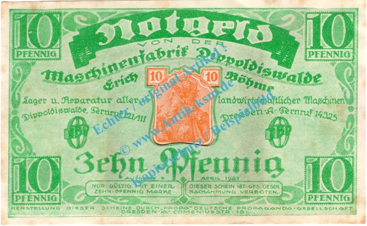 Dippoldiswalde , Notgeld 10 Pfennig Schein in gbr. Tieste 1400.05.01 , Sachsen 1921 Verkehrsausgabe