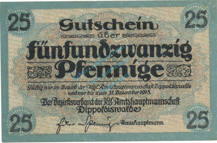 Dippoldiswalde , Notgeld 25 Pfennig Schein unc-kfr. Tieste 1400.15.02 , S o.D. Verkehrsausgabe -0331-