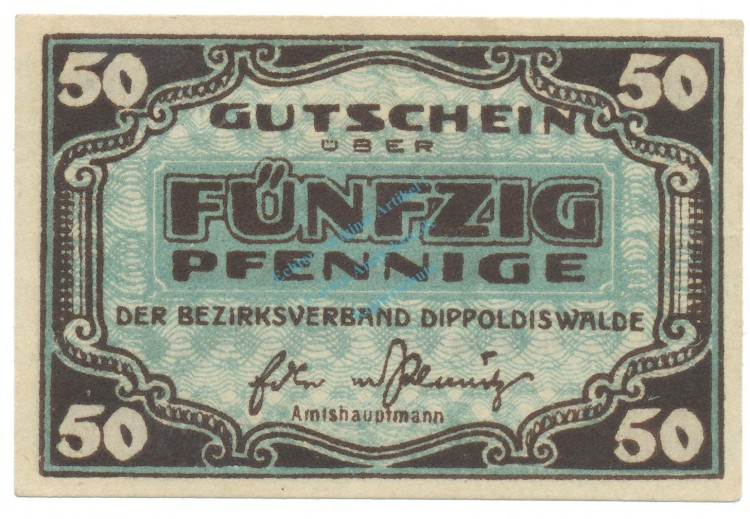 Dippoldiswalde , Notgeld 50 Pfennig Schein unc-kfr. Tieste 1400.15.06 , S o.D. Verkehrsausgabe -4135-