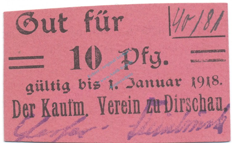 Dirschau , Notgeld 10 Pfennig Schein unc-kfr. Tieste 1405.05.10  , WPR o.D. Verkehrsausgabe -4111-
