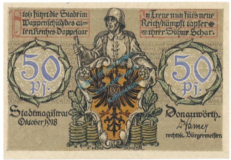 Donauwörth , Notgeld 50 Pfennig Schein unc-kfr. Tieste 1445.10.02 BAY 1918 Verkehrsausgabe -4085-