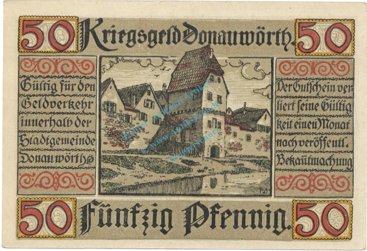 Donauwörth , Notgeld 50 Pfennig Schein unc-kfr. Tieste 1445.10.02 BAY 1918 Verkehrsausgabe -4085-