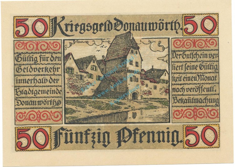 Donauwörth , Notgeld 50 Pfennig Schein unc-kfr. Tieste 1445.10.11 BAY 1918 Verkehrsausgabe -4088-