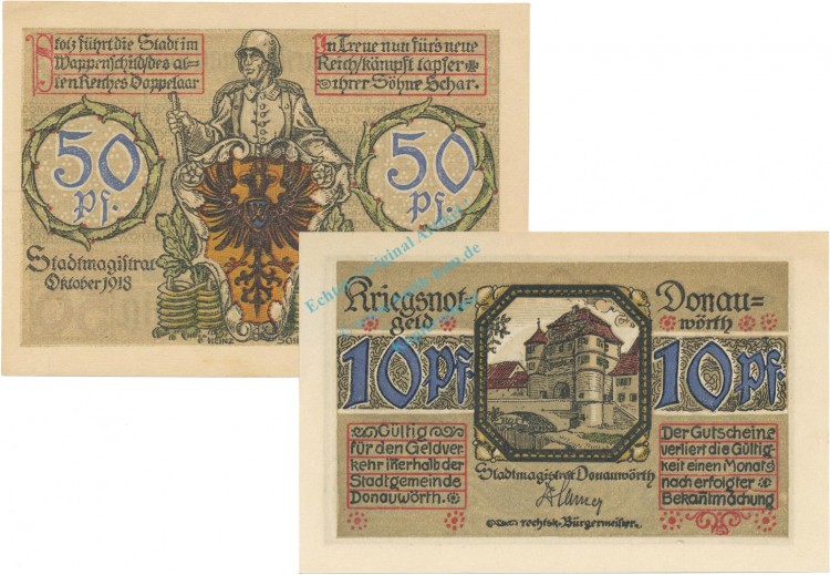 Donauwörth , Notgeld Set 2 Scheine unc-kfr. Tieste 1445.10.10-11 BAY 1918 Verkehrsausgabe -4086-