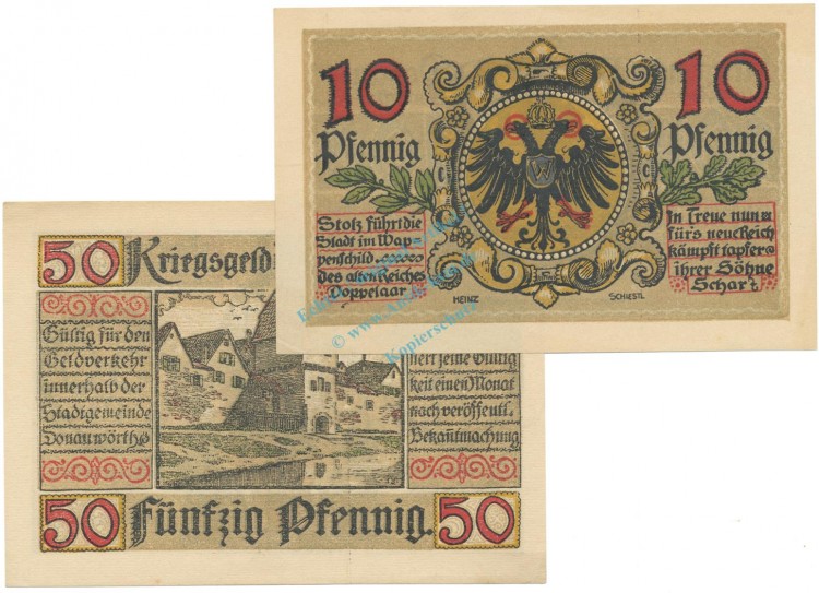 Donauwörth , Notgeld Set 2 Scheine unc-kfr. Tieste 1445.10.10-11 BAY 1918 Verkehrsausgabe -4086-