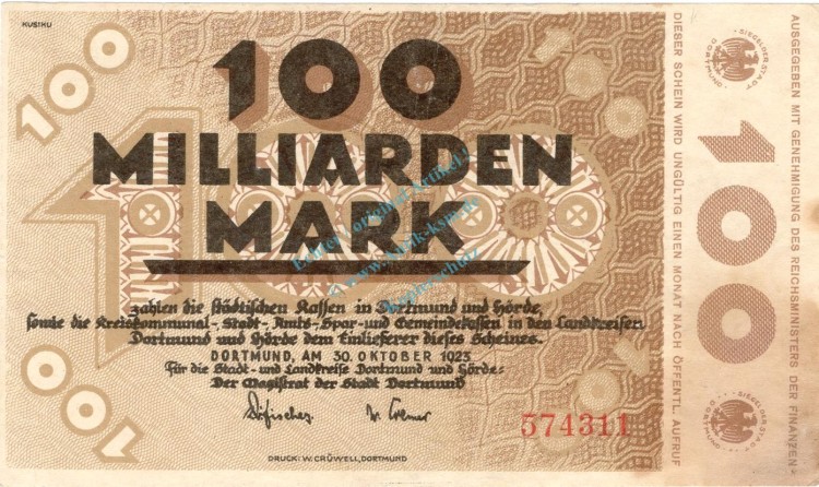 Dortmund , Banknote 100 Milliarden Mark Schein L-gbr. Keller 1061.r , Westfalen 1923 Inflation