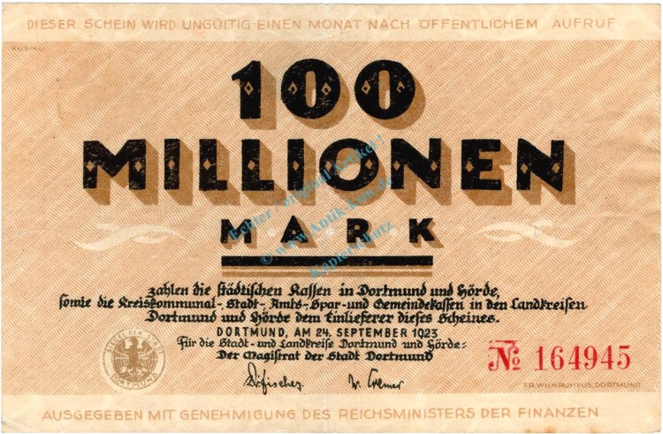 Dortmund , Banknote 100 Millionen Mark Schein gbr. Keller 1061.k , Westfalen 1923 Inflation