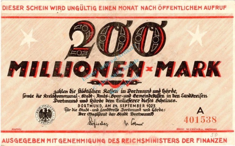 Dortmund , Banknote 200 Millionen Mark Schein gbr. Keller 1061.m , Westfalen 1923 Inflation