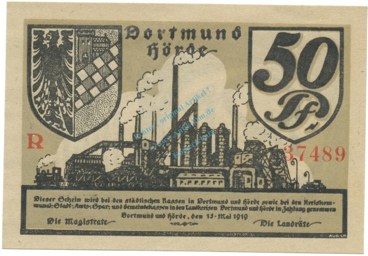 Dortmund , Notgeld 50 Pfennig Schein unc-kfr. Tieste 1465.05.05  , NRW 1919 Verkehrsausgabe -4117-