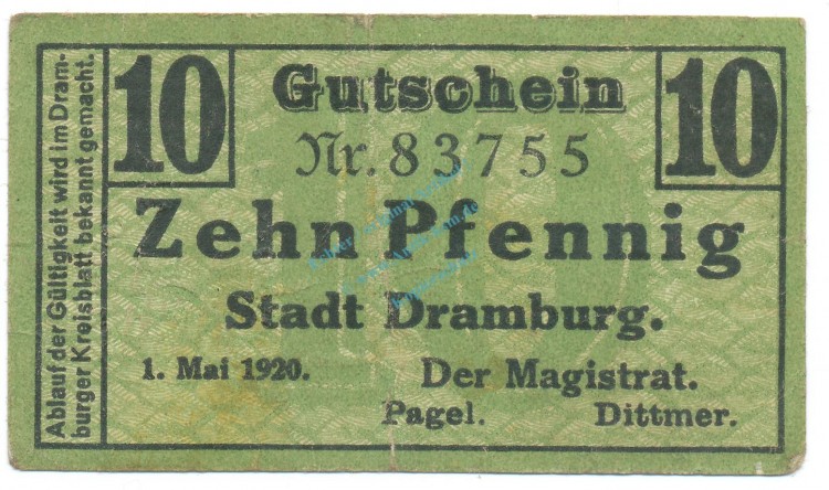 Dramburg , Notgeld 10 Pfennig Schein gbr. Tieste 1470.05.10 , POM 1920 Verkehrsausgabe -4154-