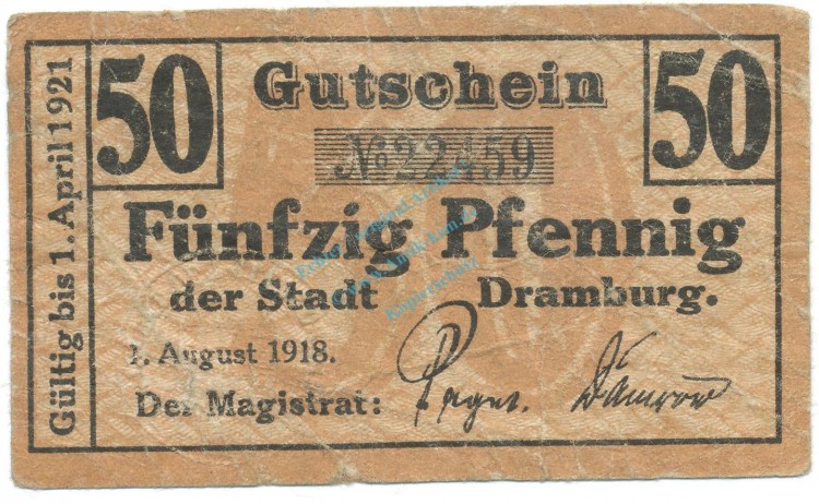 Dramburg , Notgeld 50 Pfennig Schein gbr. Tieste 1470.05.06 , POM 1918 Verkehrsausgabe -4155-