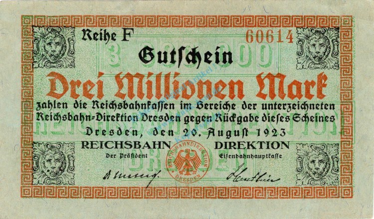 Dresden , Banknote 3 Millionen Mark Schein in gbr. Keller 1104.f , Sachsen 1923 Inflation