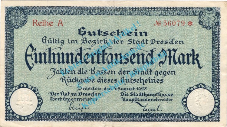 Dresden , Notgeld 100.000 Mark Schein in gbr. Bühn 1130.11 , Sachsen 1923 Inflation