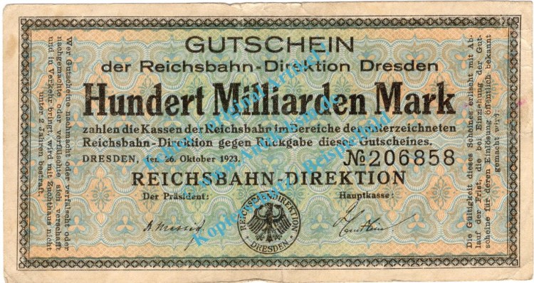 Dresden , Notgeld 100 Milliarden Mark Schein in gbr. Bühn 1197.9 , Sachsen 1923 Inflation