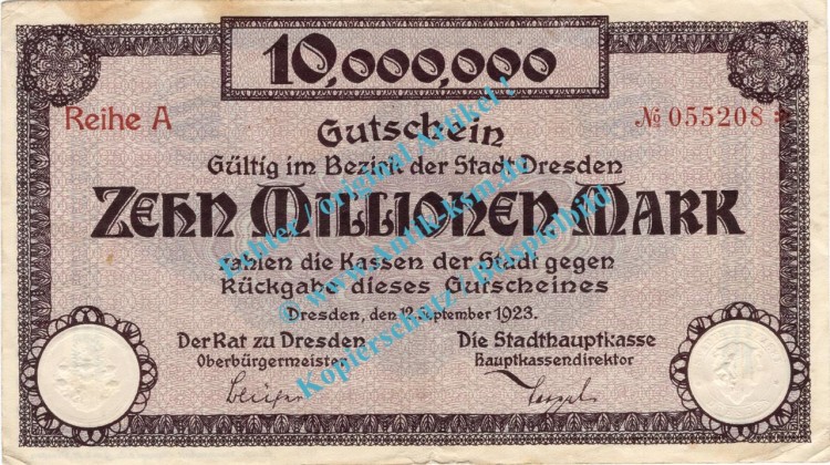 Dresden , Notgeld 10 Millionen Mark Schein in gbr. Bühn 1130.16 , Sachsen 1923 Inflation