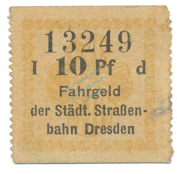 Dresden , Notgeld 10 Pfennig Schein F-kfr. Tieste 1475.260.01 S o.D. Verkehrsausgabe -4096-