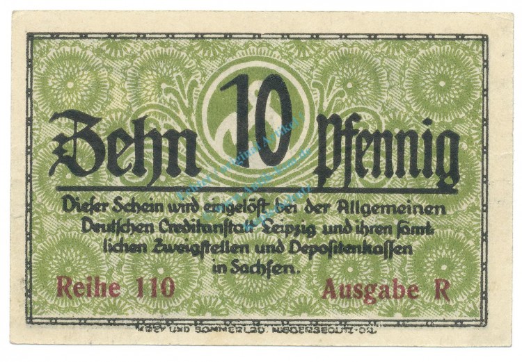 Dresden , Notgeld 10 Pfennig Schein unc-kfr. Tieste 1480.30.05 S o.D. Verkehrsausgabe -4100-