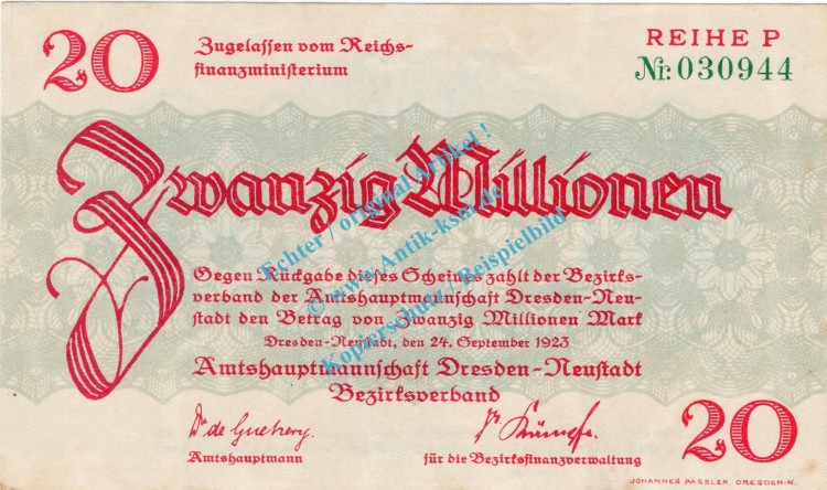 Dresden , Notgeld 20 Millionen Mark Schein in L-gbr. Bühn 1310.12.b , Sachsen 1923 Inflation