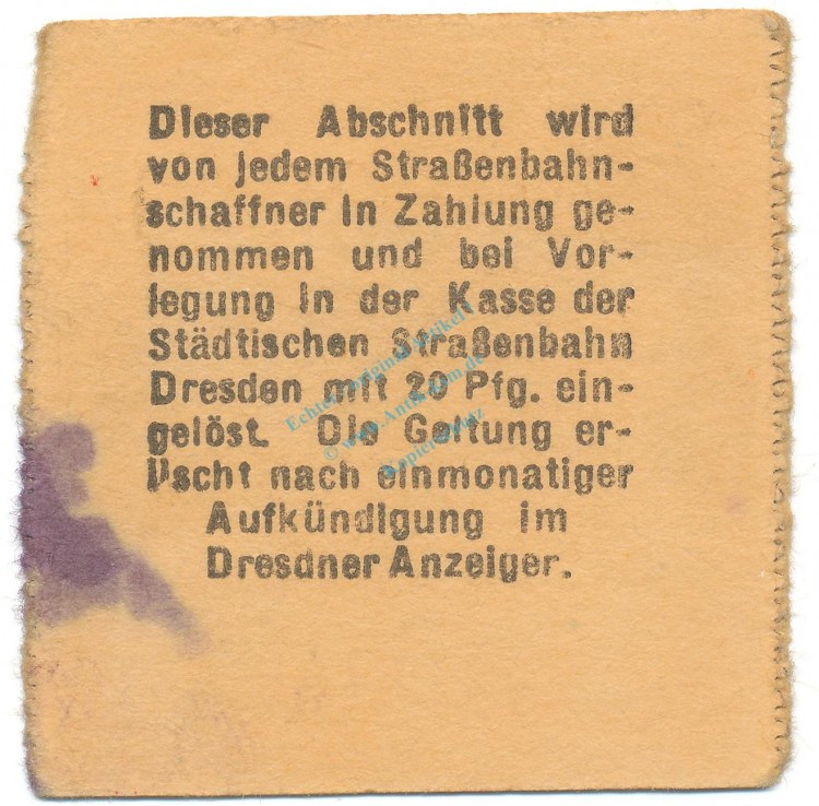 Dresden , Notgeld 20 Pfennig Schein F-kfr. Tieste 1475.260.15 S o.D. Verkehrsausgabe -4098-