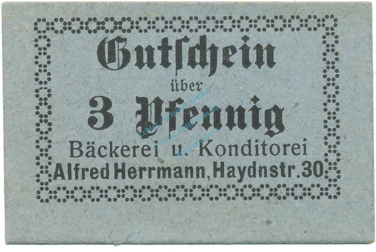 Dresden , Notgeld 3 Pfennig Schein unc-kfr. Ti.1480.20.03 , Sachsen o.D. Verkehrsausgabe