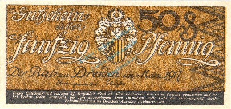 Dresden , Notgeld 50 Pfennig Schein unc-kfr. Ti.1475.255.05 , Sachsen 1917 Verkehrsausgabe